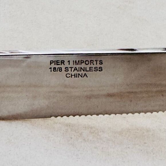 4pc Pier 1 Steak Knife 9” 18/8 Stainless Serrated Satin Ribbed/Bamboo Handle - Picture 3 of 8